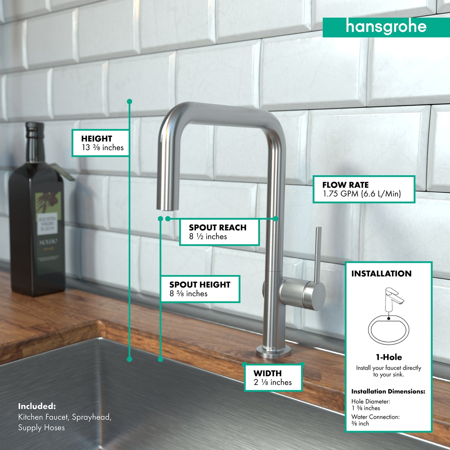 HANSGROHE 72858801 Talis N Kitchen Faucet, U-Style 1-Spray, 1.5 GPM - Stainless Steel Optic