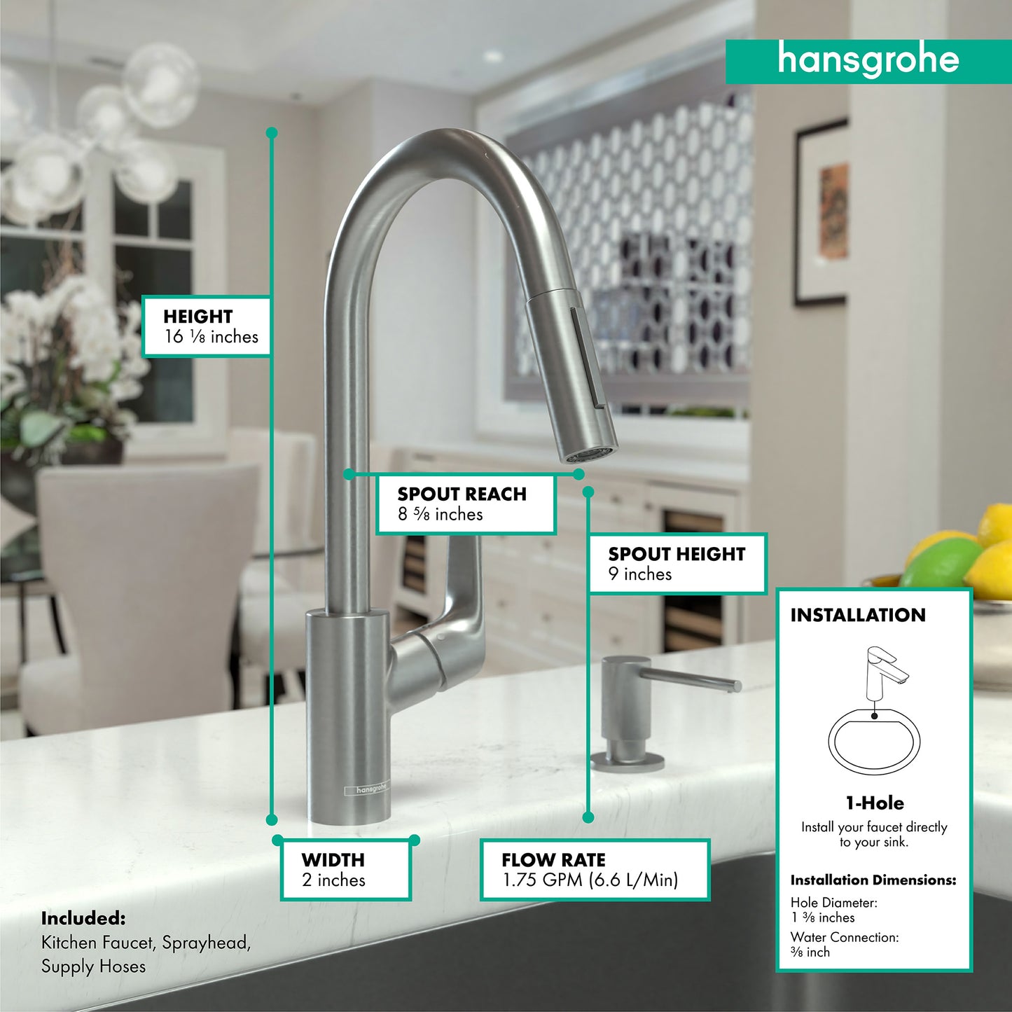 HANSGROHE 04505800 Stainless Steel Optic Focus Modern Kitchen Faucet 1.75 GPM