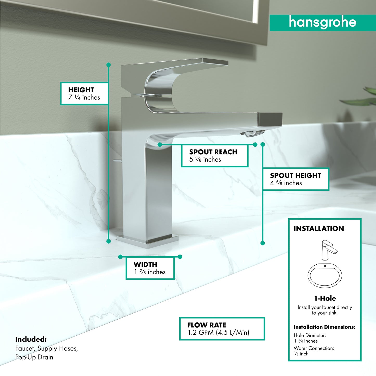 HANSGROHE 32506001 Metropol Single-Hole Faucet 110 with Lever Handle and Pop-Up Drain, 1.2 GPM - Chrome