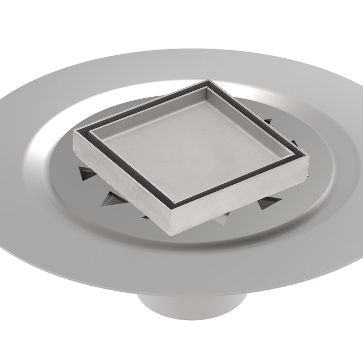 INFINITY DRAIN TDB 4-S SS TD 4 4” x 4” Tile Drain Strainer in Satin Stainless with Stainless Steel Bonded Flange Drain Body, 2" No Hub Outlet