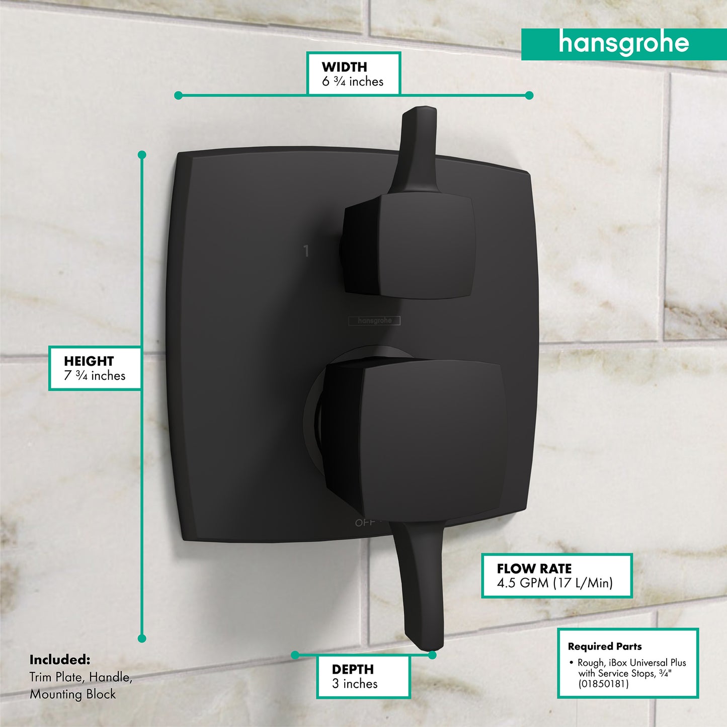HANSGROHE 15865671 Ecostat Classic Pressure Balance Trim Classic Square with Diverter - Matte Black