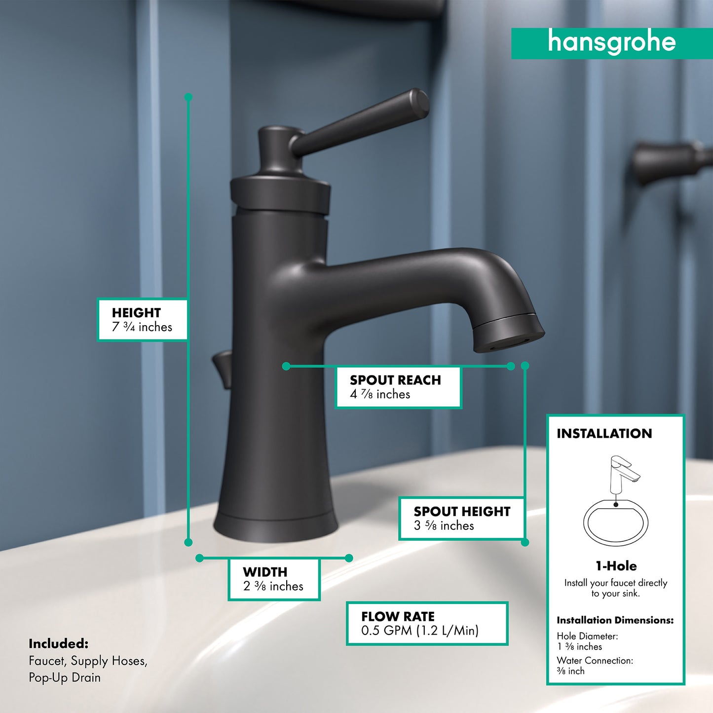 HANSGROHE 04773670 Matte Black Joleena Transitional Single Hole Bathroom Faucet 0.5 GPM