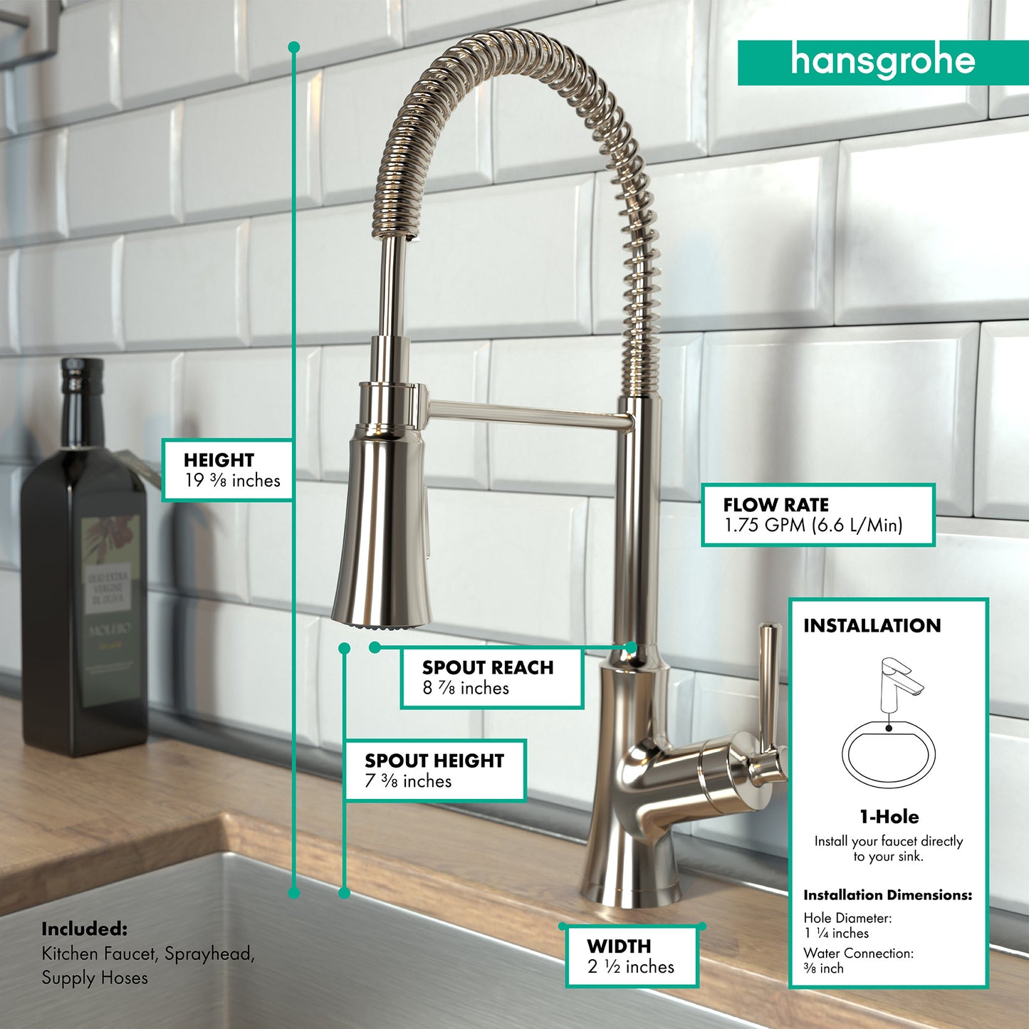HANSGROHE 04792830 Polished Nickel Joleena Transitional Kitchen Faucet 1.75 GPM