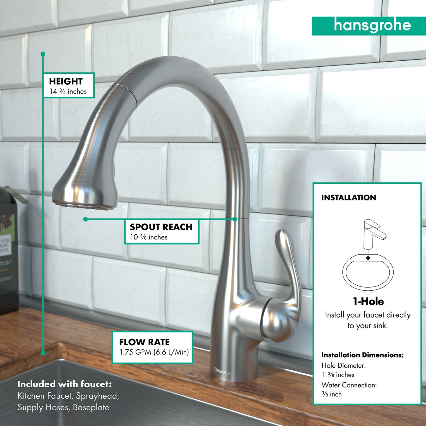 HANSGROHE 04066860 Stainless Steel Optic Allegro E Gourmet Modern Kitchen Faucet 1.75 GPM