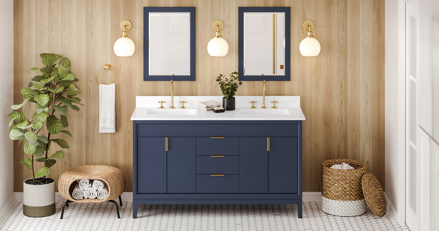 JEFFREY ALEXANDER VKITTHE60BLWQR 60" Hale Blue Theodora Vanity, double bowl, White Quartz Vanity Top, two undermount rectangle bowls - Hale Blue
