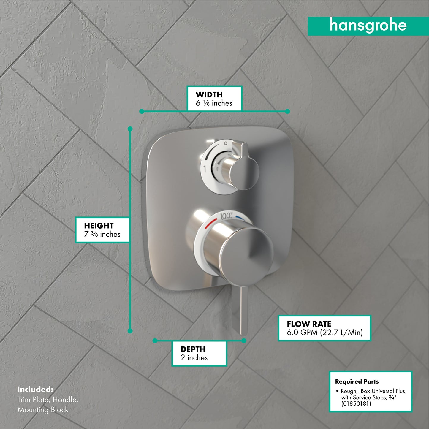 HANSGROHE 15707001 Chrome Ecostat E Modern Thermostatic Trim