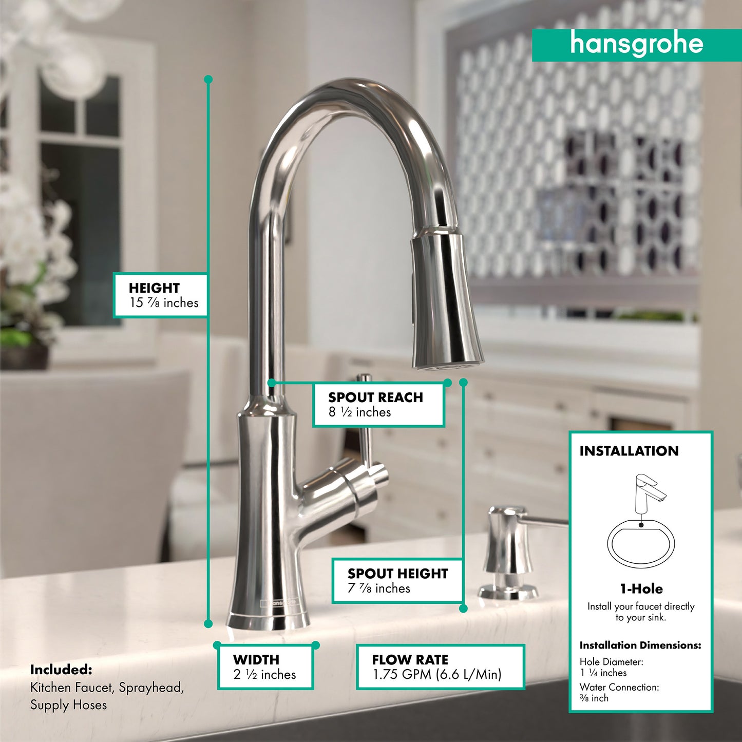 HANSGROHE 04793000 Chrome Joleena Transitional Kitchen Faucet 1.75 GPM