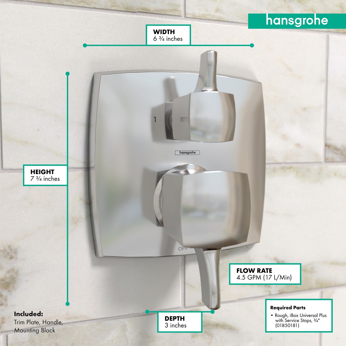 HANSGROHE 15865001 Ecostat Classic Pressure Balance Trim Classic Square with Diverter - Chrome