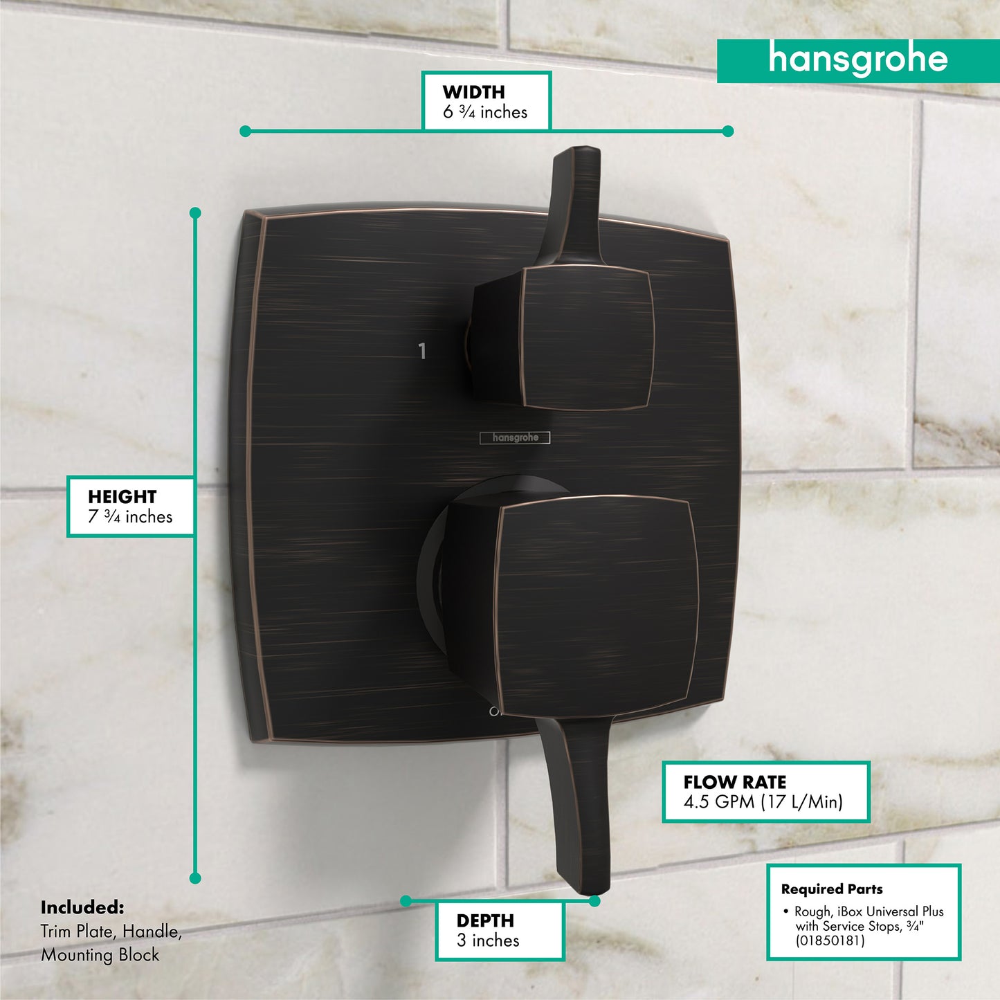 HANSGROHE 15865921 Ecostat Classic Pressure Balance Trim Classic Square with Diverter - Rubbed Bronze