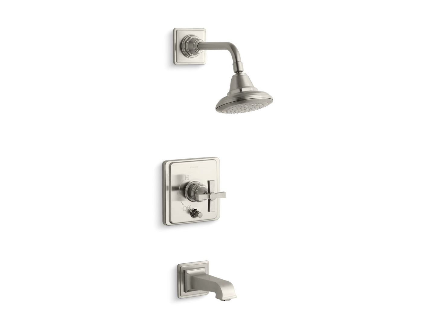 KOHLER Pinstripe Pure Rite-Temp bath and shower trim kit with push-button diverter and cross handle, 2.5 gpm - Vibrant Brushed Nickel, K-T13133-3A-BN