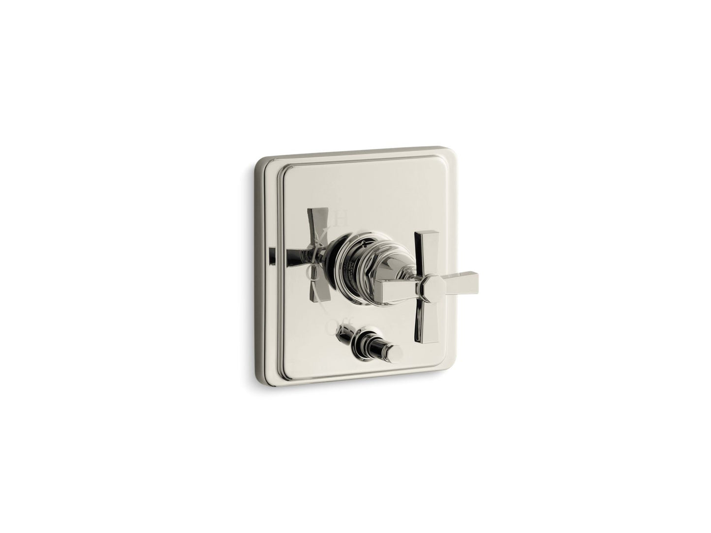 KOHLER Pinstripe Rite-Temp valve trim with push-button diverter and cross handle - Vibrant Polished Nickel, K-T98757-3A-SN