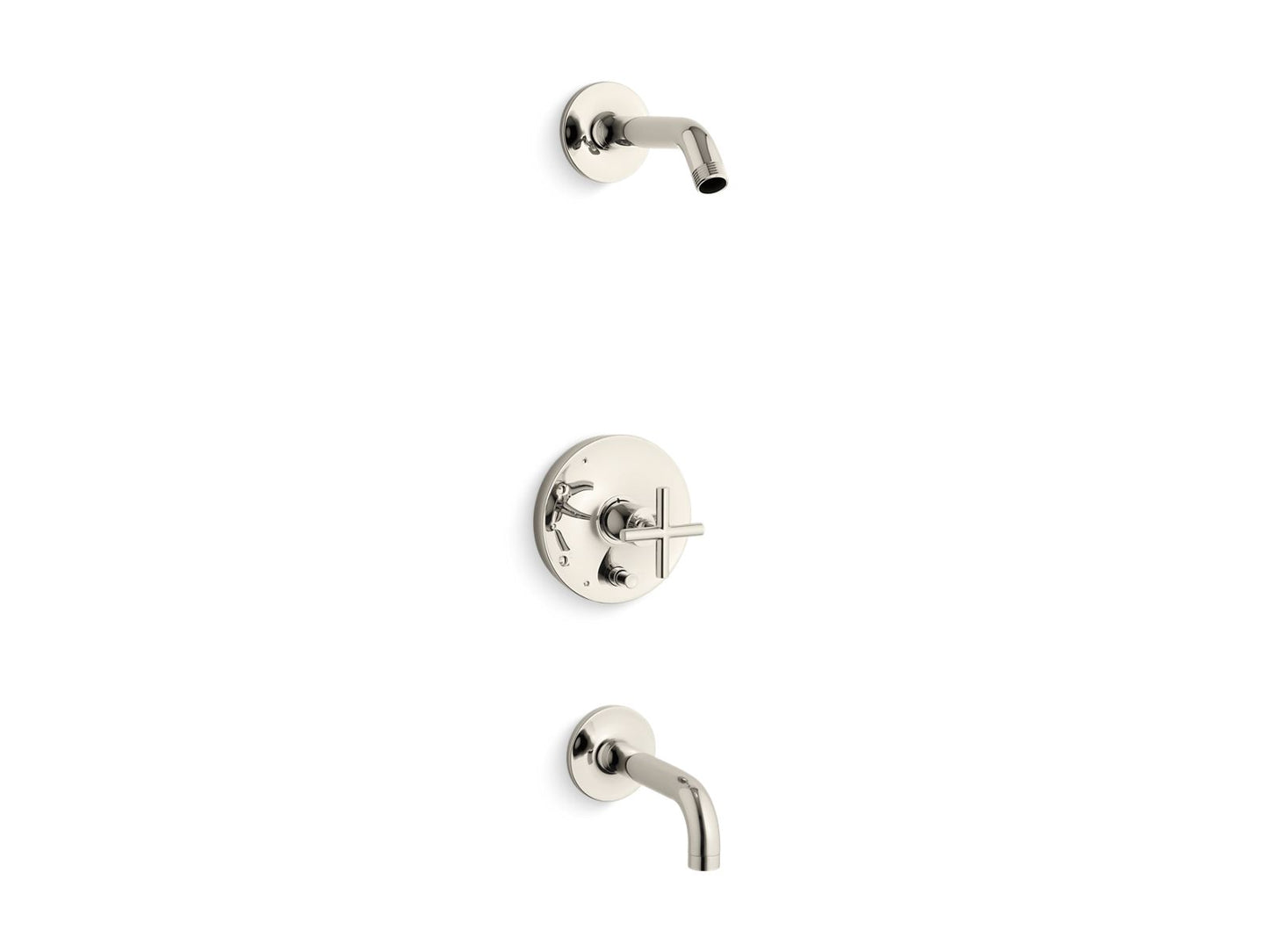 KOHLER Purist Rite-Temp bath and shower trim kit with push-button diverter and cross handle, without showerhead - Vibrant Polished Nickel, K-T14421-3L-SN