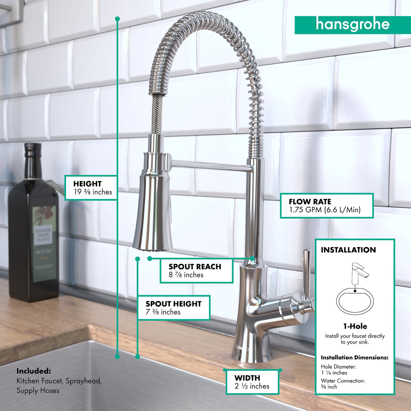 HANSGROHE 04792000 Chrome Joleena Transitional Kitchen Faucet 1.75 GPM