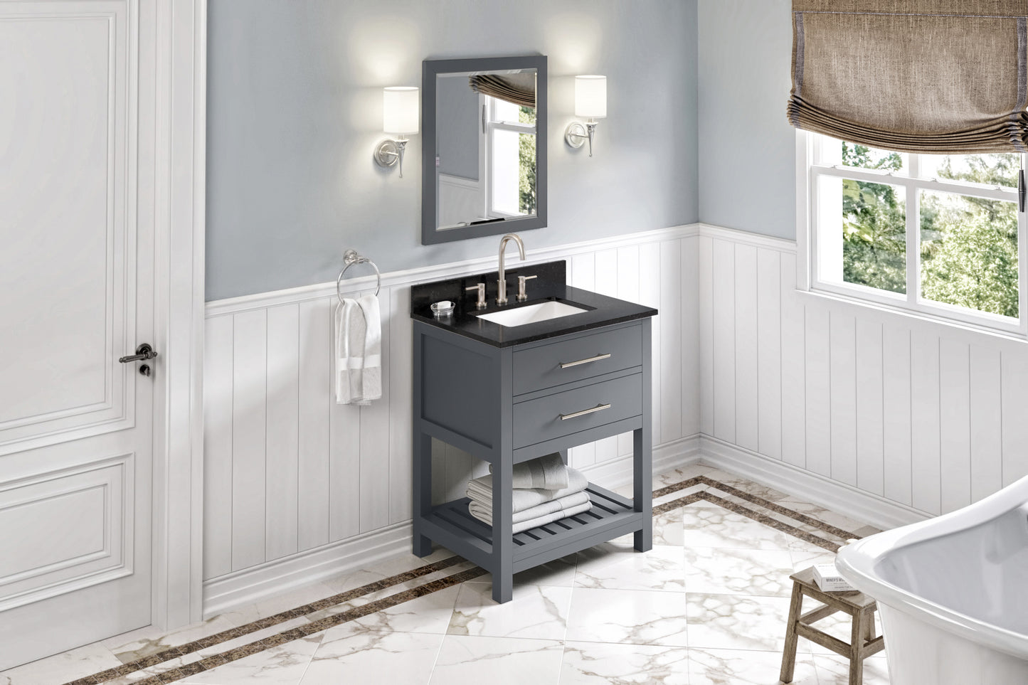 JEFFREY ALEXANDER VKITWAV30GRBGR 30" Grey Wavecrest Vanity, Black Granite Vanity Top, undermount rectangle bowl - Grey