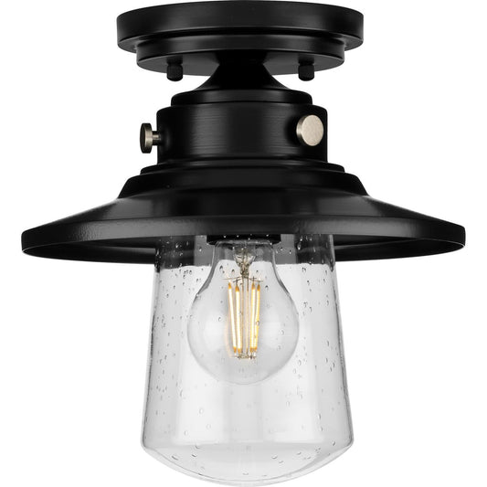 PROGRESS LIGHTING P550094-031 Tremont Collection One-Light Matte Black and Clear Seeded Glass Farmhouse Style Ceiling Light in Matte Black