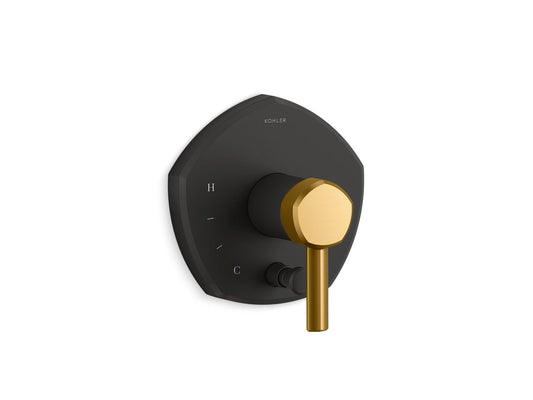 KOHLER K-T27044-4-BMB Occasion Rite-Temp Valve Trim With Push-Button Diverter And Lever Handle In Matte Black with Moderne Brass