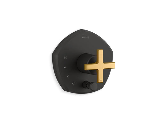 KOHLER K-T27044-3-BMB Occasion Rite-Temp Valve Trim With Push-Button Diverter And Cross Handle In Matte Black with Moderne Brass