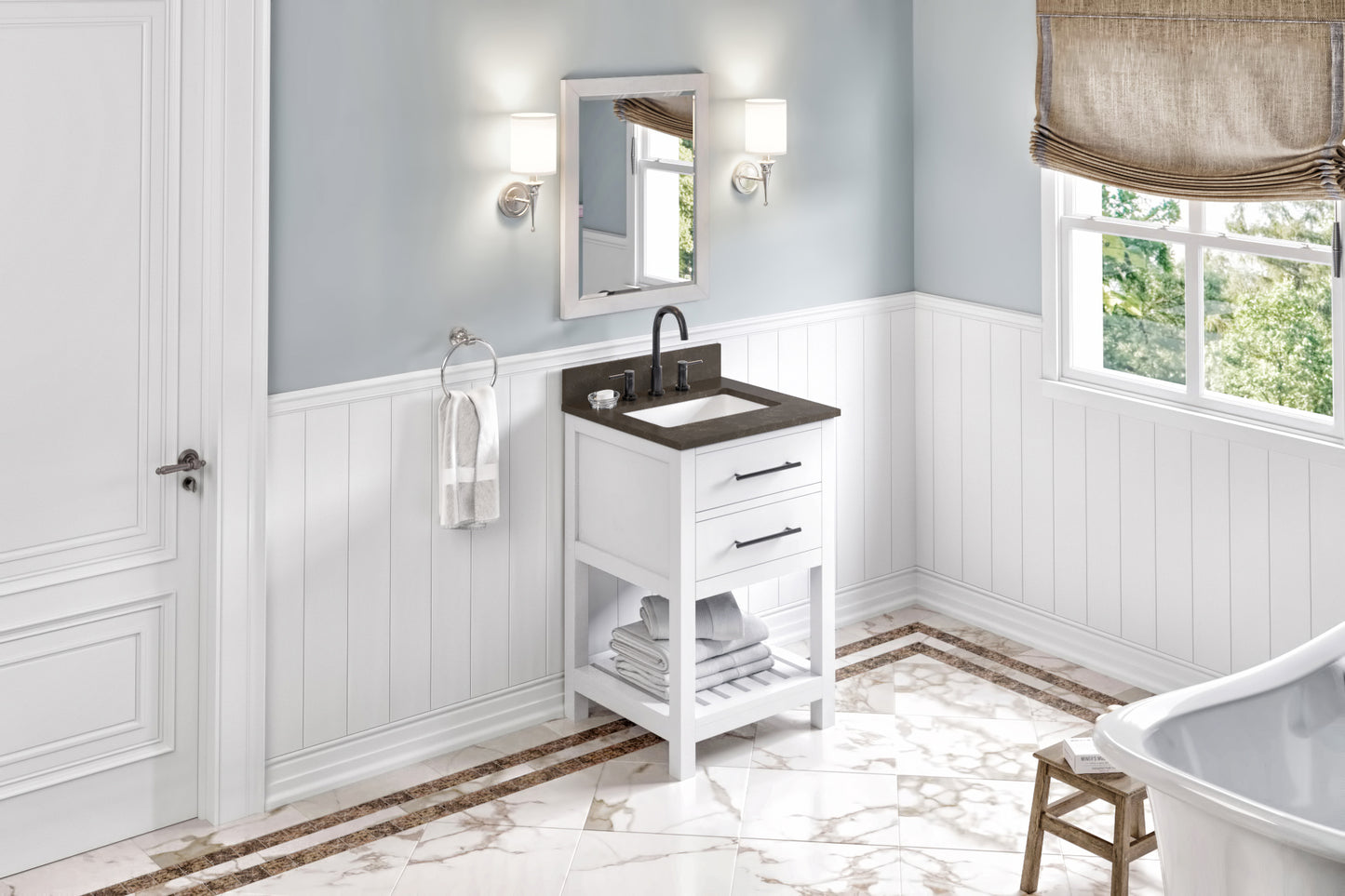 JEFFREY ALEXANDER VKITWAV24WHLSR 24" White Wavecrest Vanity, Blue Limestone Vanity Top, undermount rectangle bowl