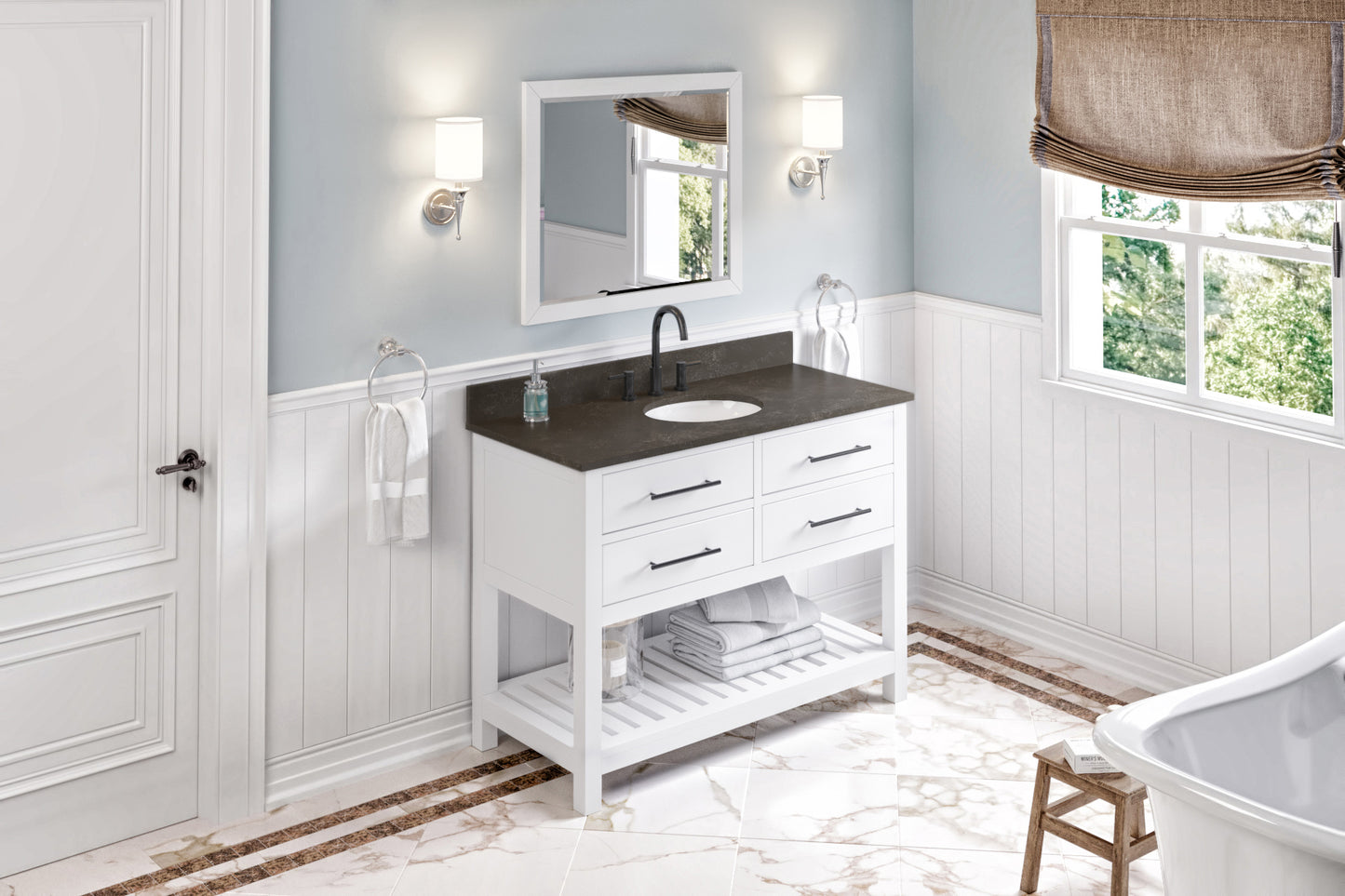 JEFFREY ALEXANDER VKITWAV48WHLSO 48" White Wavecrest Vanity, Blue Limestone Vanity Top, undermount oval bowl