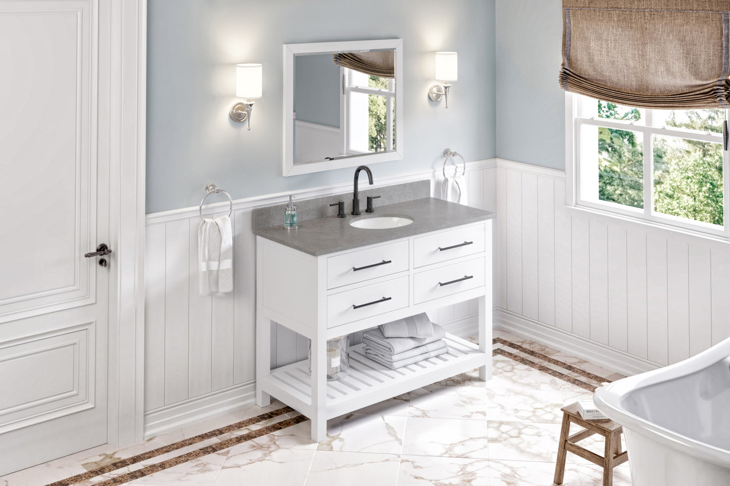 JEFFREY ALEXANDER VKITWAV48WHSGO 48" White Wavecrest Vanity, Steel Grey Cultured Marble Vanity Top, undermount oval bowl