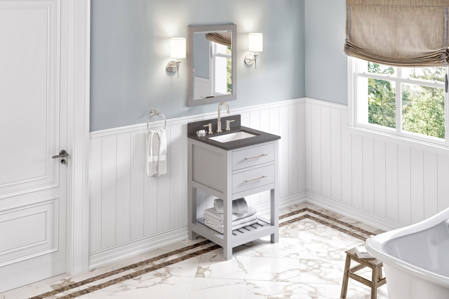 JEFFREY ALEXANDER VKITWAV24GRGQR 24" Grey Wavecrest Vanity, Grey Quartz Vanity Top, undermount rectangle bowl