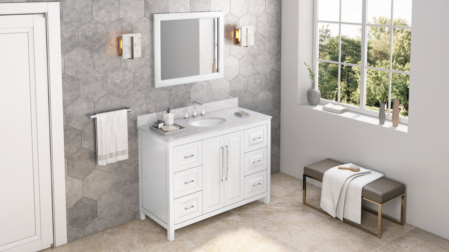 JEFFREY ALEXANDER VKITCAD48WHWCO 48" White Cade Vanity, White Carrara Marble Vanity Top, undermount oval bowl