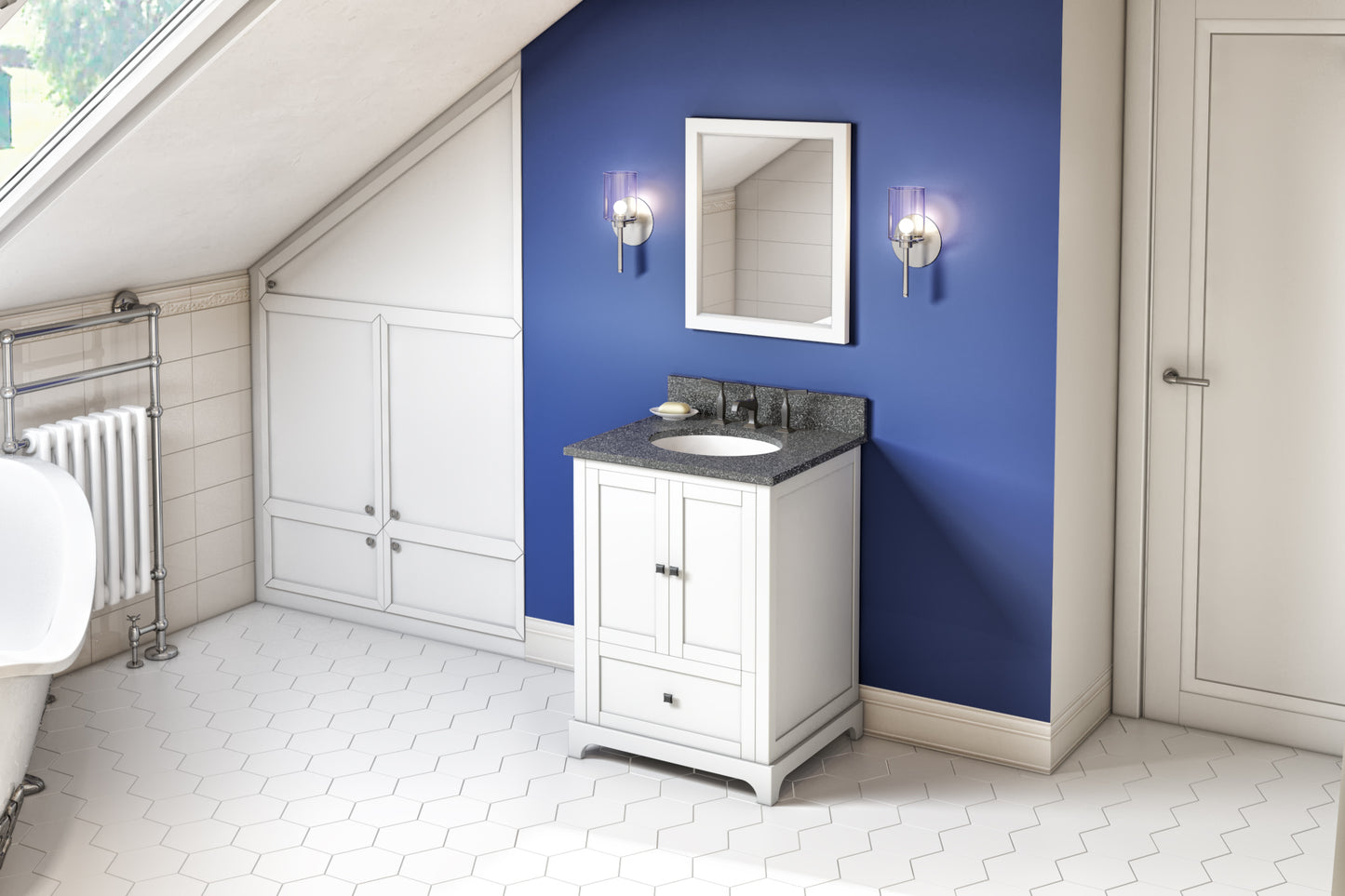 JEFFREY ALEXANDER VKITADD24WHBOO 24" White Addington Vanity, Boulder Cultured Marble Vanity Top, undermount oval bowl