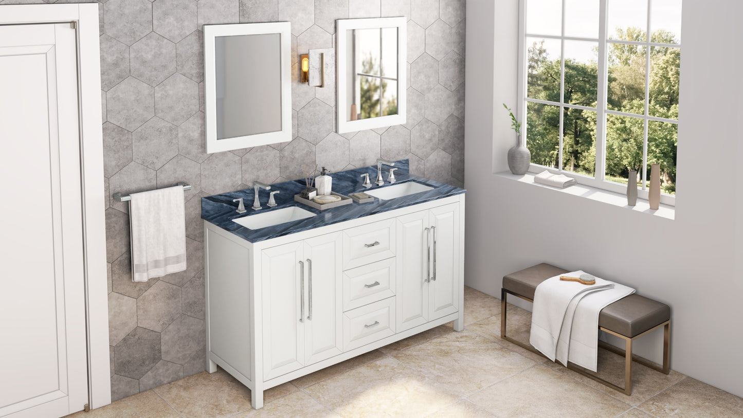 JEFFREY ALEXANDER VKITCAD60WHMGR 60" White Cade Vanity, double bowl, Grey Marble Vanity Top, undermount rectangle bowl