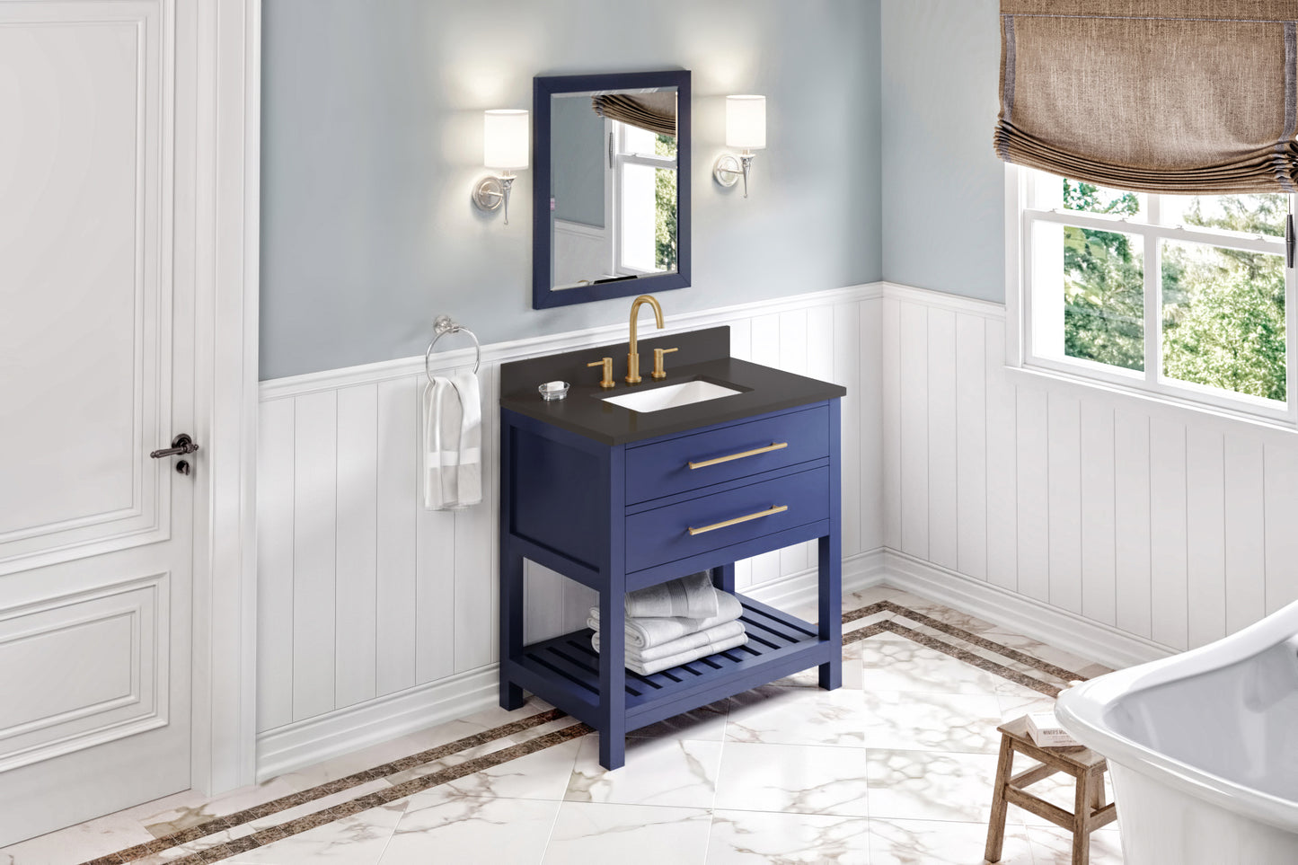 JEFFREY ALEXANDER VKITWAV36BLGQR 36" Hale Blue Wavecrest Vanity, Grey Quartz Vanity Top, undermount rectangle bowl