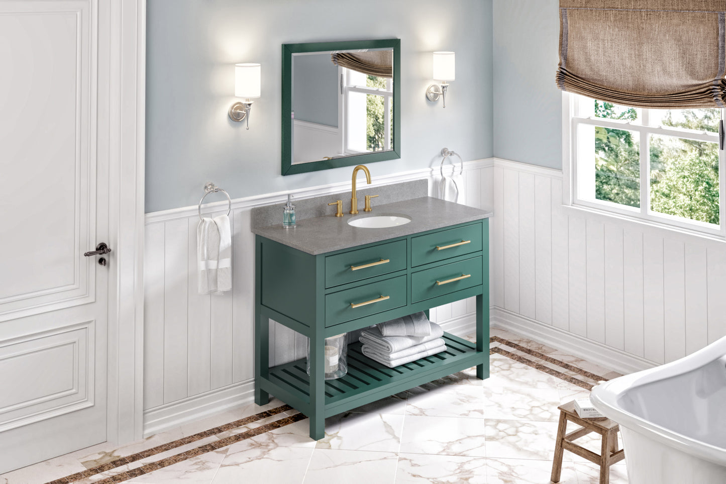 JEFFREY ALEXANDER VKITWAV48GNSGO 48" Forest Green Wavecrest Vanity, Steel Grey Cultured Marble Vanity Top, undermount oval bowl