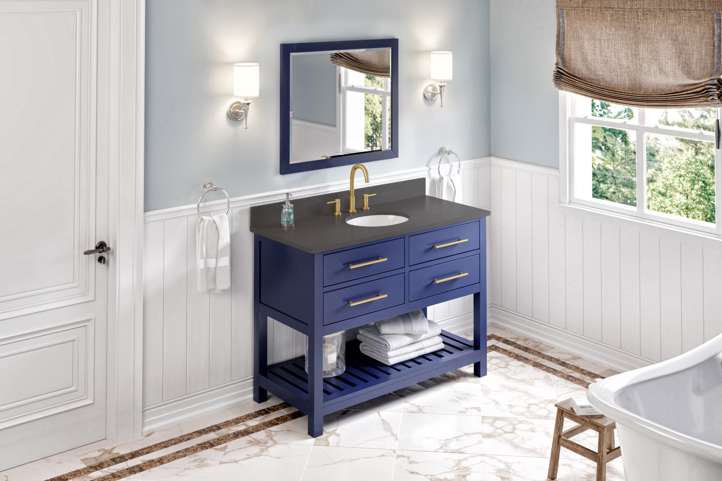 JEFFREY ALEXANDER VKITWAV48BLGQO 48" Hale Blue Wavecrest Vanity, Grey Quartz Vanity Top, undermount oval bowl