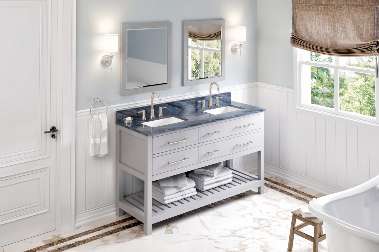 JEFFREY ALEXANDER VKITWAV60GRMGR 60" Grey Wavecrest Vanity, double bowl, Grey Marble Vanity Top, two undermount rectangle bowls