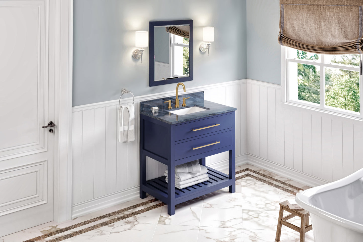 JEFFREY ALEXANDER VKITWAV36BLMGR 36" Hale Blue Wavecrest Vanity, Grey Marble Vanity Top, undermount rectangle bowl