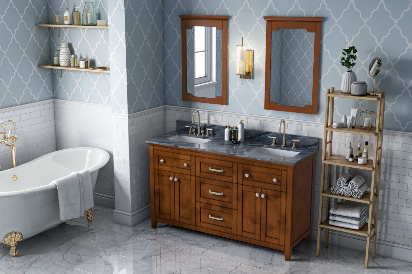 JEFFREY ALEXANDER VKITCHA60CHMGR 60" Chocolate Chatham Vanity, double bowl, Grey Marble Vanity Top, two undermount rectangle bowls