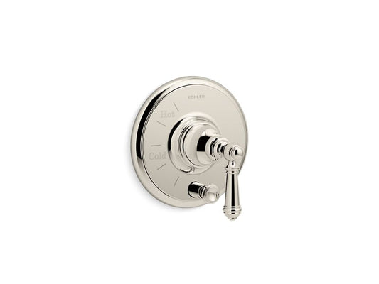 KOHLER K-T72768-4-SN Vibrant Polished Nickel Artifacts Rite-Temp pressure-balancing valve trim with push-button diverter and lever handle