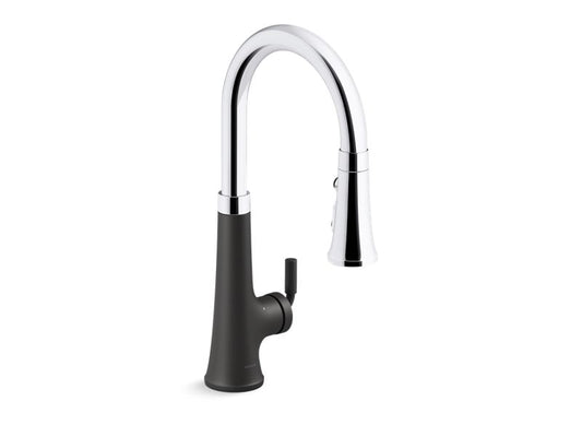 KOHLER K-23766-WB-CBL Polished Chrome with Matte Black Tone Touchless pull-down kitchen sink faucet with KOHLER Konnect and three-function sprayhead