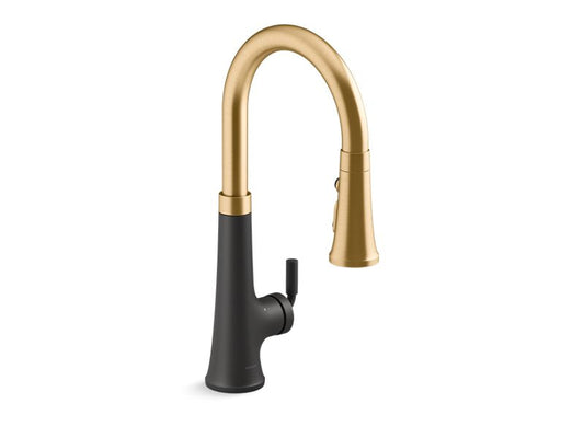 KOHLER K-23766-WB-BMB Matte Black with Moderne Brass Tone Touchless pull-down kitchen sink faucet with KOHLER Konnect and three-function sprayhead