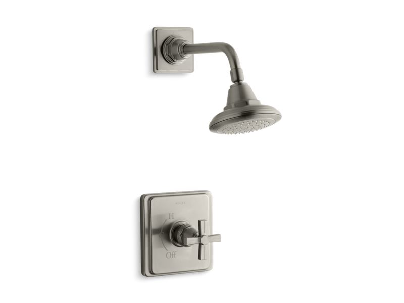 KOHLER K-TS13134-3B-BN Vibrant Brushed Nickel Pinstripe Rite-Temp shower valve trim with cross handle and 2.5 gpm showerhead