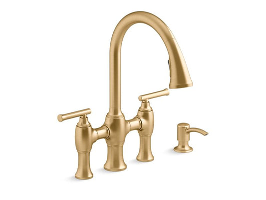 KOHLER K-R28705-SD-2MB Vibrant Brushed Moderne Brass Oresund Pull-down bridge kitchen sink faucet with soap/lotion dispenser