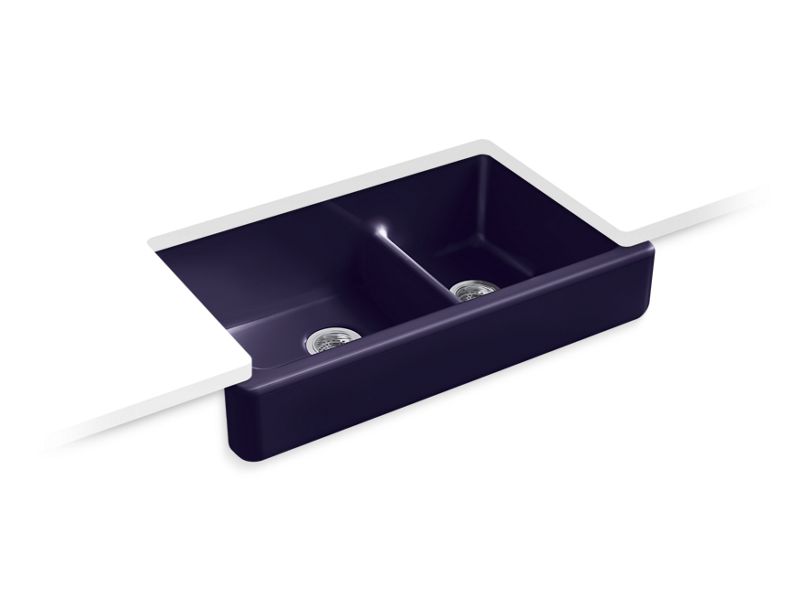 KOHLER K-6426-DGB Indigo Blue Whitehaven Smart Divide 35-1/2" undermount double-bowl farmhouse kitchen sink with short apron