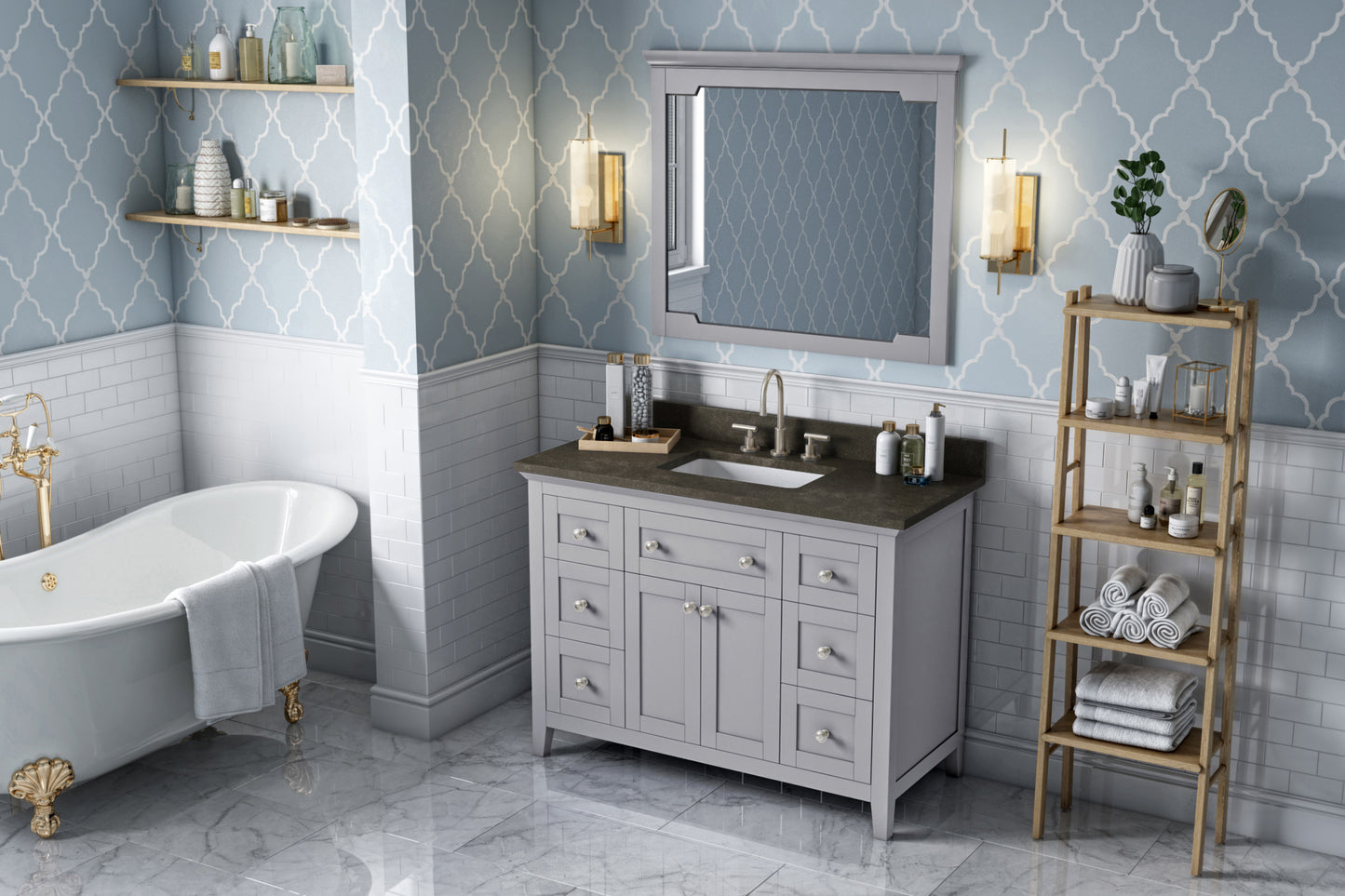 JEFFREY ALEXANDER VKITCHA48GRLSR 48" Grey Chatham Vanity, Blue Limestone Vanity Top, undermount rectangle bowl