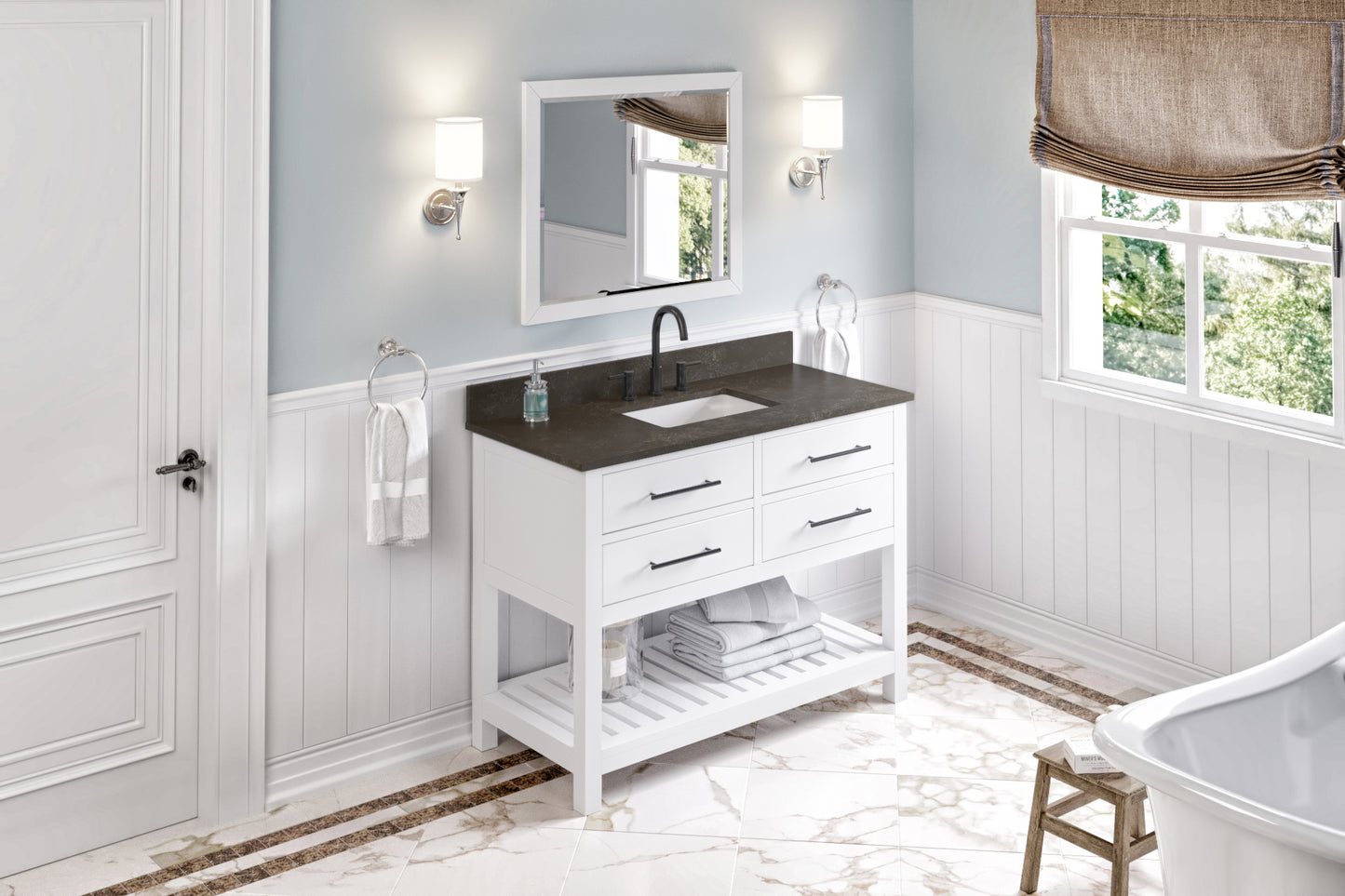 JEFFREY ALEXANDER VKITWAV48WHLSR 48" White Wavecrest Vanity, Blue Limestone Vanity Top, undermount rectangle bowl