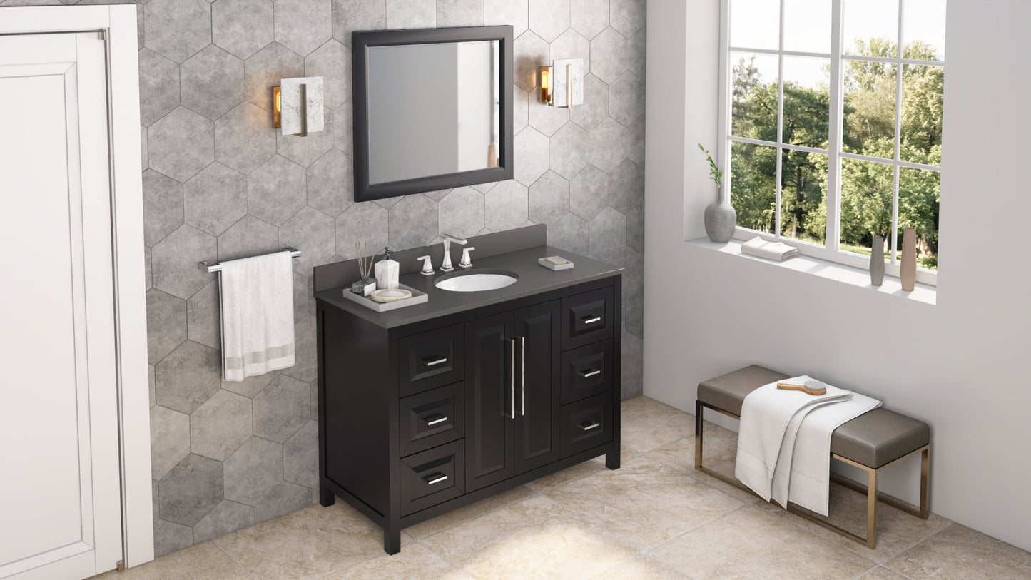 JEFFREY ALEXANDER VKITCAD48BKGQO 48" Black Cade Vanity, Grey Quartz Vanity Top, undermount oval bowl
