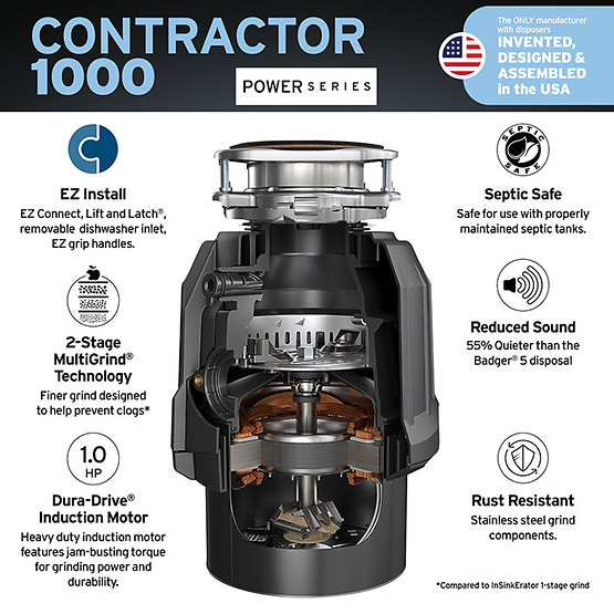 INSINKERATOR-CONTRACTOR-1000W/CDK Contractor 1000 Garbage Disposal with Cord with EZ Connect Cord & Hardwire Adapter
