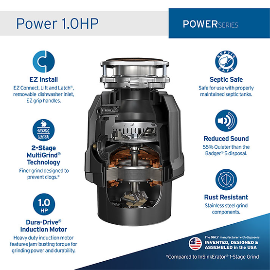 INSINKERATOR-POWER 1.0HP W/CDK Power 1.0HP Garbage Disposal with EZ Connect Cord & Hardwire Adapter