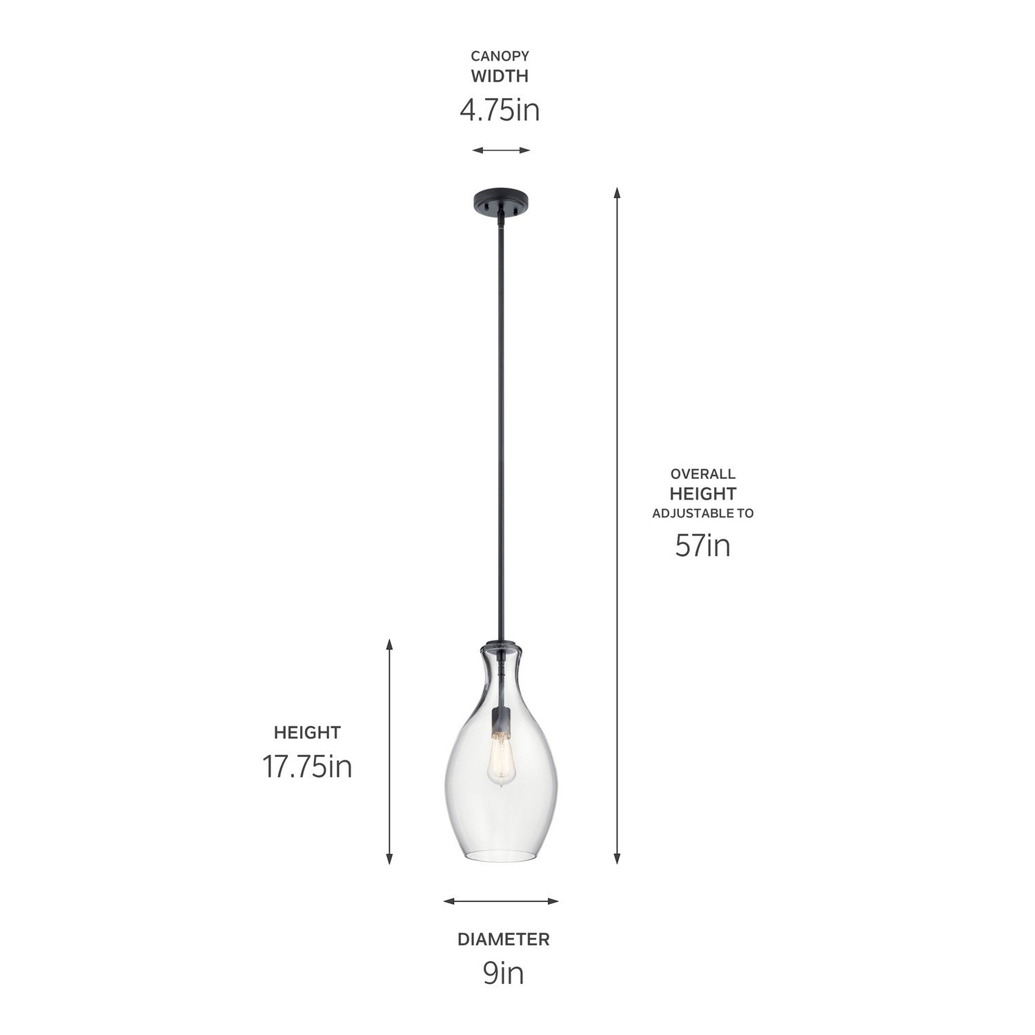 KICHLER 42047BK Everly 17.75" 1 Light Hour Glass Pendant Clear Glass Black