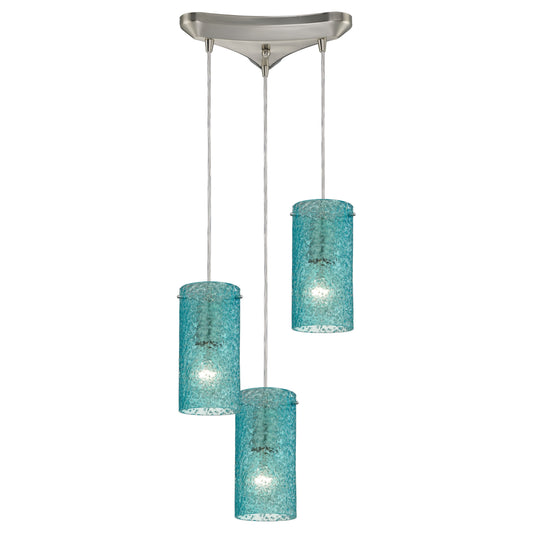 ELK SHOWROOM 10242/3AQ Ice Fragments 10'' Wide 3-Light Pendant - Satin Nickel and Aqua Glass