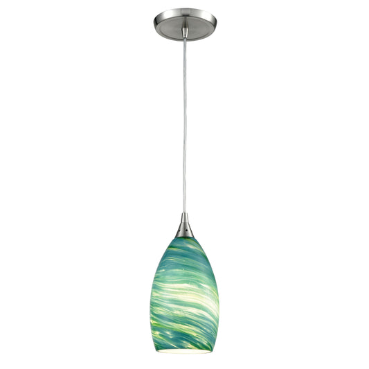 ELK SHOWROOM 10650/1 Collanino 5'' Wide 1-Light Pendant - Satin Nickel with Aqua Swirl Glass