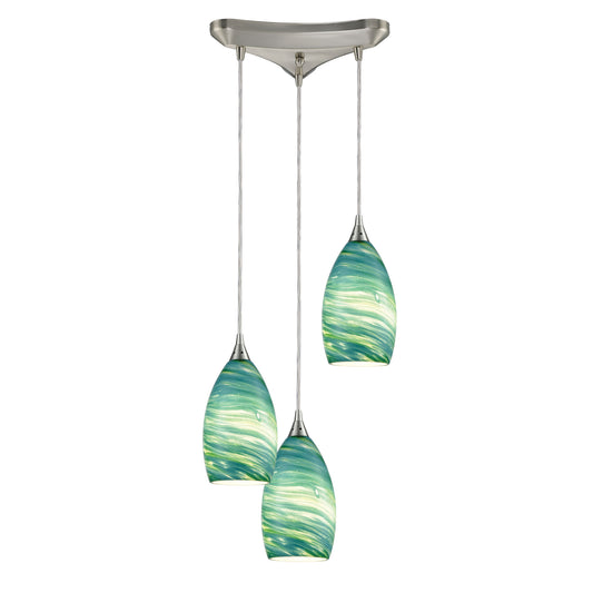 ELK SHOWROOM 10650/3 Collanino 12'' Wide 3-Light Pendant - Satin Nickel with Aqua Swirl Glass