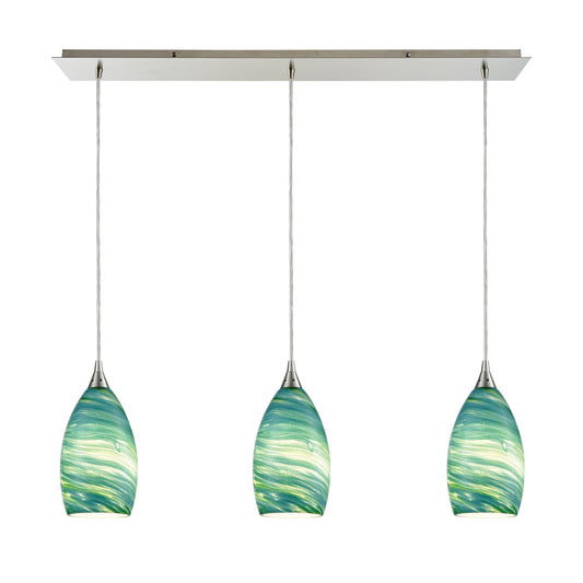 ELK SHOWROOM 10650/3LP Collanino 36'' Wide 3-Light Pendant - Satin Nickel with Aqua Swirl Glass